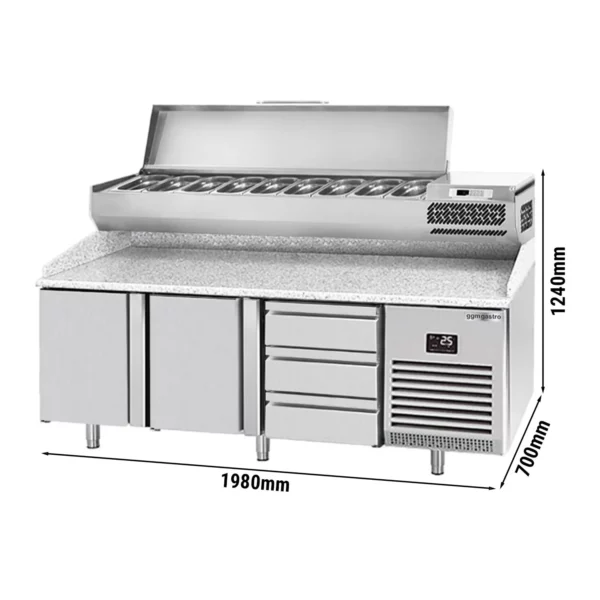 Chladící stůl na pizzu PREMIUM PLUS - 1980x700mm - se 2 dvířky a 3 zásuvkami - včetně chladící vitríny - 9x GN 1/4