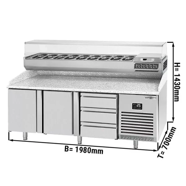 Chladící stůl na pizzu PREMIUM PLUS - 1980x700mm - se 2 dvířky - včetně chladící vitríny - 9x GN 1/4
