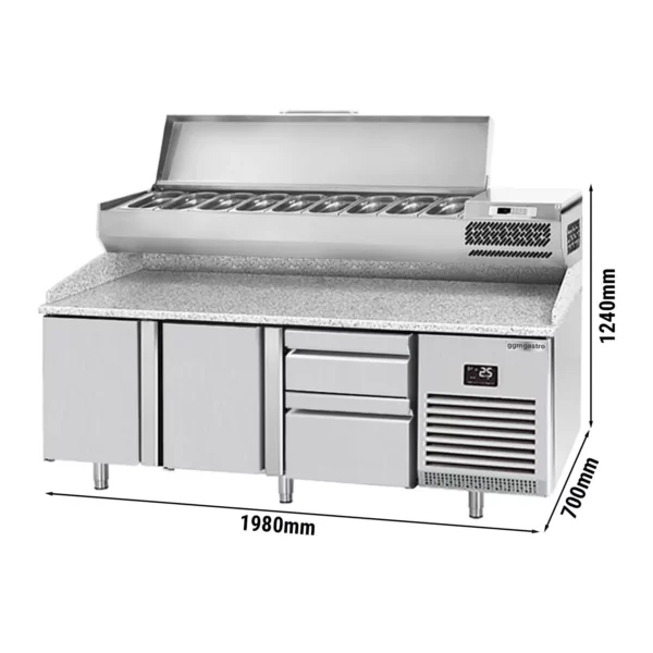 Chladící stůl na pizzu PREMIUM PLUS - 1980x700mm - se 2 dvířky a 2 zásuvkami - včetně chladící vitríny - 9x GN 1/4
