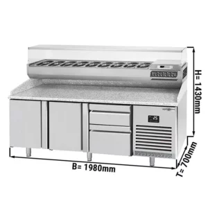 Chladící stůl na pizzu PREMIUM PLUS - 1980x700mm - se 2 dvířky a 2 zásuvkami - včetně chladící vitríny - 9x GN 1/4