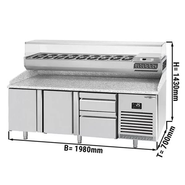 Chladící stůl na pizzu PREMIUM PLUS - 1980x700mm - se 2 dvířky a 2 zásuvkami - včetně chladící vitríny - 9x GN 1/4
