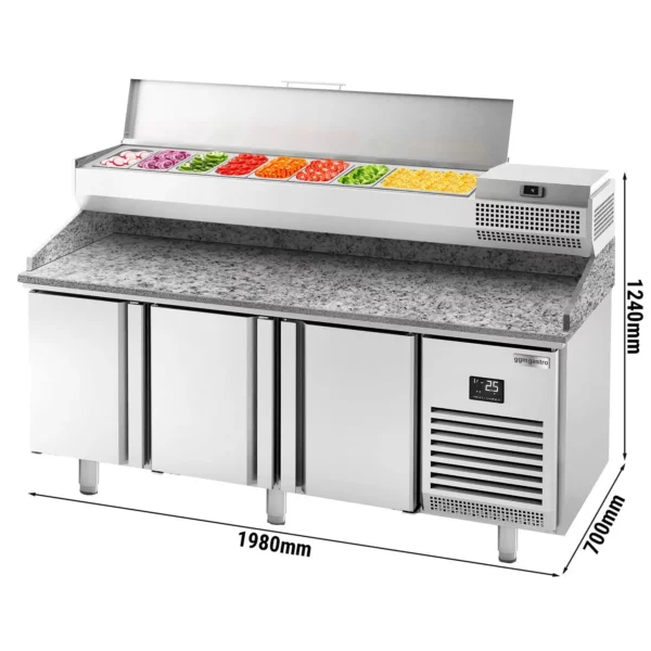 Chladící stůl na pizzu PREMIUM PLUS - 1980x700mm - se 3 dvířky - včetně chladící vitríny - 9x GN 1/4