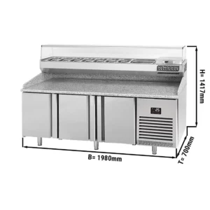 Chladící stůl na pizzu PREMIUM PLUS - 1980x700mm - se 3 dvířky - včetně chladící vitríny - 9x GN 1/4