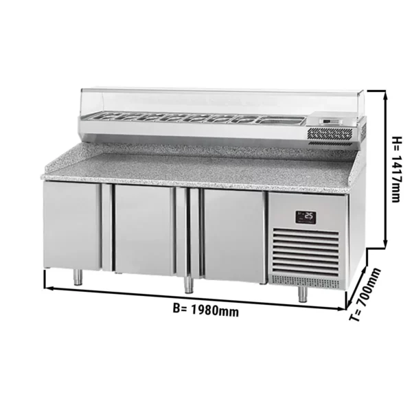 Chladící stůl na pizzu PREMIUM PLUS - 1980x700mm - se 3 dvířky - včetně chladící vitríny - 9x GN 1/4