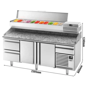 Chladící stůl na pizzu PREMIUM PLUS - 2305x800mm - se 2 dvířky a 2 zásuvkami - včetně chladící vitríny - 11x GN 1/4