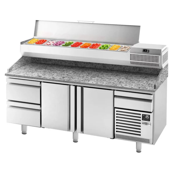 Chladící stůl na pizzu PREMIUM PLUS - 2305x800mm - se 2 dvířky a 2 zásuvkami - včetně chladící vitríny - 11x GN 1/4 - Image 12