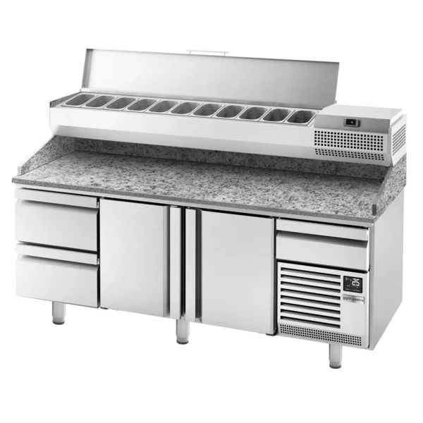 Chladící stůl na pizzu PREMIUM PLUS - 2305x800mm - se 2 dvířky a 2 zásuvkami - včetně chladící vitríny - 11x GN 1/4 - Image 14