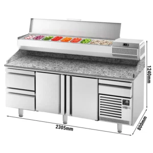 Chladící stůl na pizzu PREMIUM PLUS - 2305x800mm - se 2 dvířky a 2 zásuvkami - včetně chladící vitríny - 10x GN 1/3