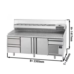 Chladící stůl na pizzu PREMIUM PLUS - 2305x800mm - se 2 dvířky a 2 zásuvkami - včetně chladící vitríny - 10x GN 1/3