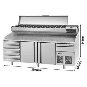 Chladící stůl na pizzu PREMIUM PLUS - 2305x800mm - se 2 dvířky a 6 zásuvkami - včetně chladící vitríny - 11x GN 1/4