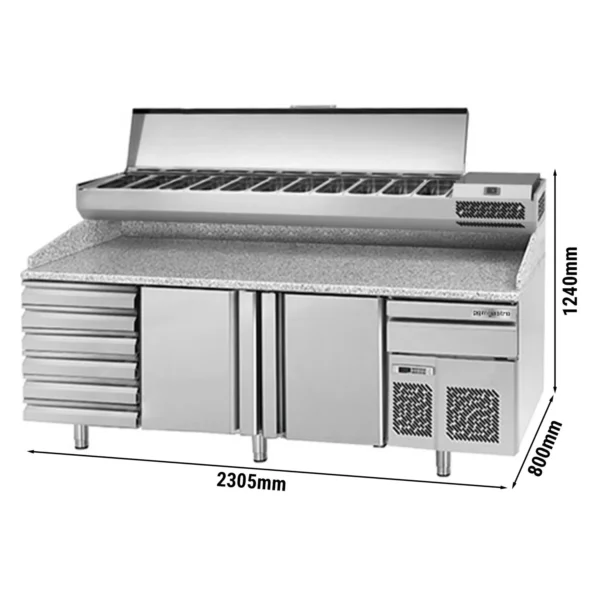 Chladící stůl na pizzu PREMIUM PLUS - 2305x800mm - se 2 dvířky a 6 zásuvkami - včetně chladící vitríny - 11x GN 1/4