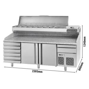 Chladící stůl na pizzu PREMIUM PLUS - 2305x800mm - se 2 dvířky a 6 zásuvkami - včetně chladící vitríny - 10x GN 1/3