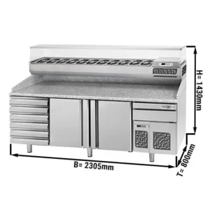 Chladící stůl na pizzu PREMIUM PLUS - 2305x800mm - se 2 dvířky a 6 zásuvkami - včetně chladící vitríny - 11x GN 1/4