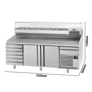 Chladící stůl na pizzu PREMIUM PLUS - 2305x800mm - se 2 dvířky a 6 zásuvkami - včetně chladící vitríny - 10x GN 1/3