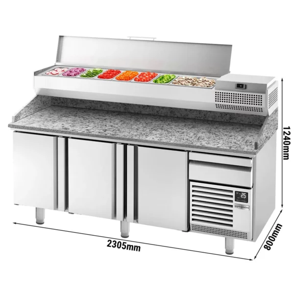 Chladící stůl na pizzu PREMIUM PLUS - 2305x800mm - se 3 dvířky - včetně chladící vitríny - 10x GN 1/3