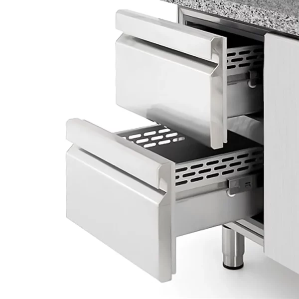 Chladící stůl na pizzu PREMIUM PLUS - 2305x800mm - se 2 dvířky a 2 zásuvkami - včetně chladící vitríny - 11x GN 1/4 - Image 9