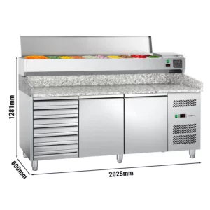 Chladící stůl na pizzu ECO - 2000x800mm - se 2 dvířky a 7 zásuvkami - včetně chladící vitríny - 10x GN 1/4