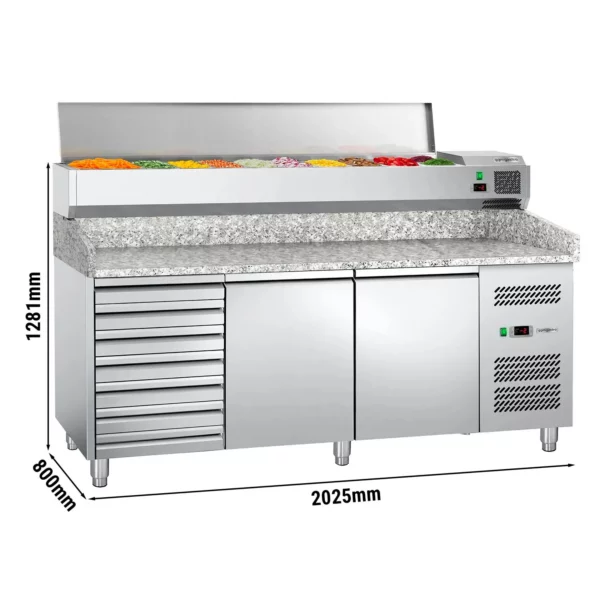 Chladící stůl na pizzu ECO - 2000x800mm - se 2 dvířky a 7 zásuvkami - včetně chladící vitríny - 9x GN 1/3