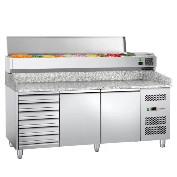 Chladící stůl na pizzu ECO - 2000x800mm - se 2 dvířky a 7 zásuvkami - včetně chladící vitríny - 9x GN 1/3 - Image 4