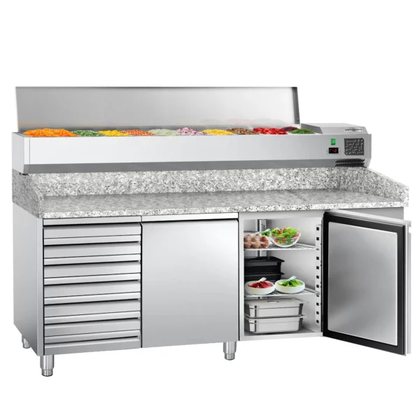 Chladící stůl na pizzu ECO - 2000x800mm - se 2 dvířky a 7 zásuvkami - včetně chladící vitríny - 9x GN 1/3 - Image 6