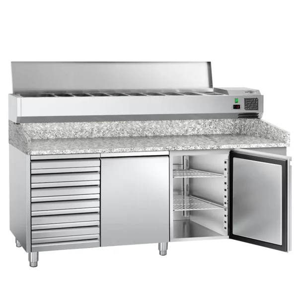 Chladící stůl na pizzu ECO - 2000x800mm - se 2 dvířky a 7 zásuvkami - včetně chladící vitríny - 9x GN 1/3 - Image 5