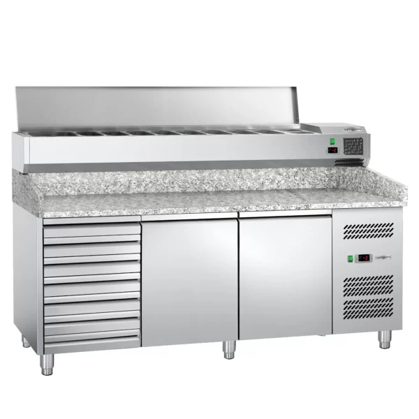 Chladící stůl na pizzu ECO - 2000x800mm - se 2 dvířky a 7 zásuvkami - včetně chladící vitríny - 9x GN 1/3 - Image 3