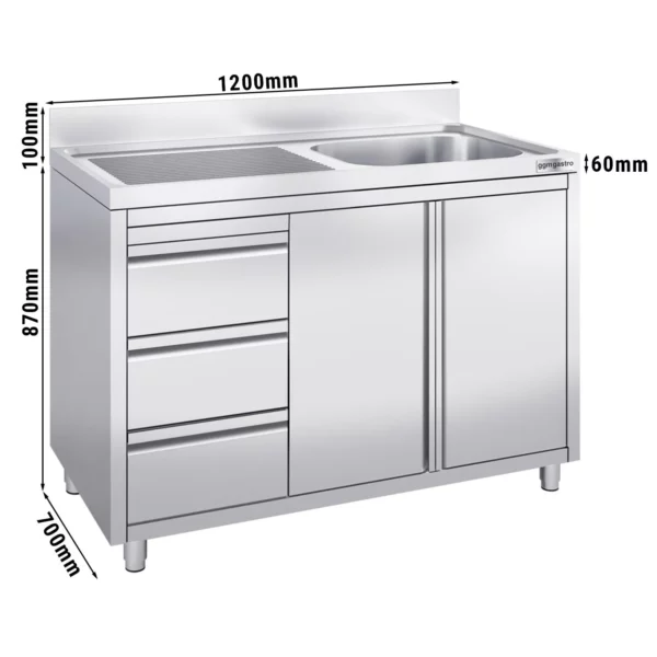 Skříňka s umyvadlem - 1200 x 700 mm - se 3 zásuvkami a 1 umyvadlem vpravo