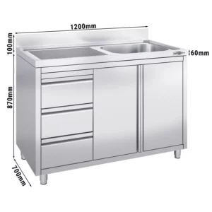 Skříňka s umyvadlem - 1200 x 700 mm - se 3 zásuvkami a 1 umyvadlem vpravo