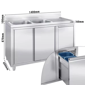 Skříňka pod umyvadlo - 1400x600mm - s nádobou na odpad a 2 umyvadly vlevo