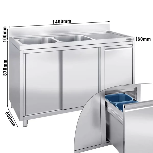 Skříňka pod umyvadlo - 1400x600mm - s nádobou na odpad a 2 umyvadly vlevo