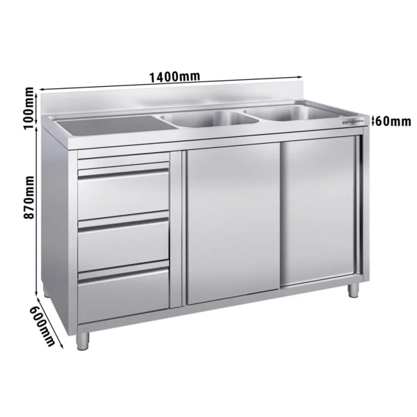 Skříňka pod umyvadlo - 1400 x 600 mm - se 3 zásuvkami a 2 umyvadly vpravo