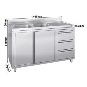 Skříňka s umyvadlem - 1400 x 700 mm - se 3 zásuvkami a 2 umyvadly vlevo