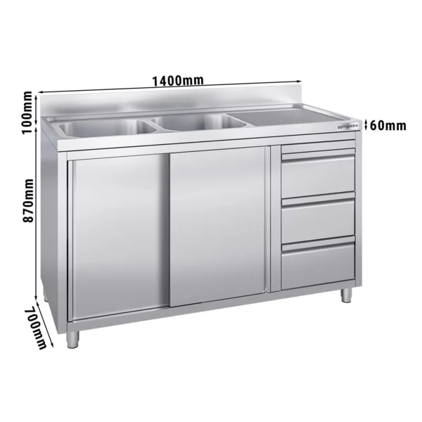 Skříňka s umyvadlem - 1400 x 700 mm - se 3 zásuvkami a 2 umyvadly vlevo