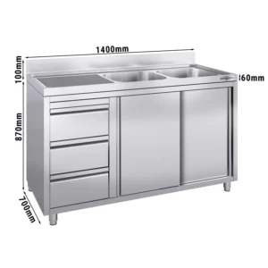 Skříňka s umyvadlem- 1400 x 700 mm - se 3 zásuvkami a 2 umyvadly vpravo