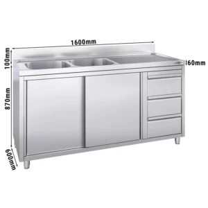Skříňka pod umyvadlo - 1600 x 600 mm - se 3 zásuvkami a 2 umyvadly vlevo