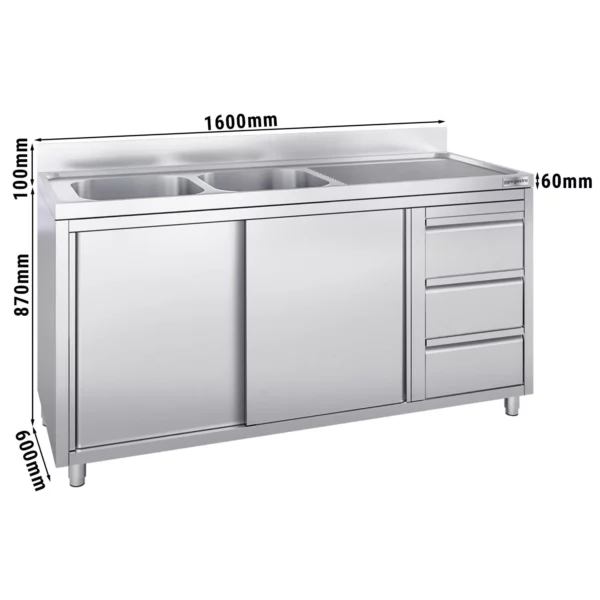 Skříňka pod umyvadlo - 1600 x 600 mm - se 3 zásuvkami a 2 umyvadly vlevo
