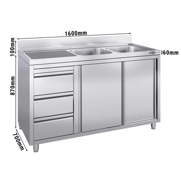 Skříňka s umyvadlem - 1600x700mm - se 3 zásuvkami a 2 umyvadly na pravé straně