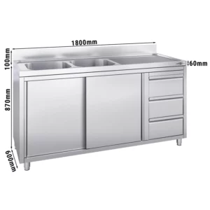 Skříňka pod umyvadlo - 1800x600mm - se 3 zásuvkami a 2 umyvadly vlevo