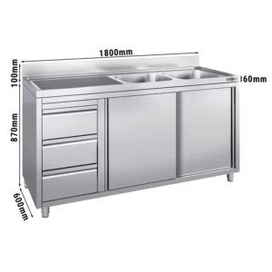 Skříňka pod umyvadlo - 1800x600mm - se 3 zásuvkami a 2 umyvadly na pravé straně