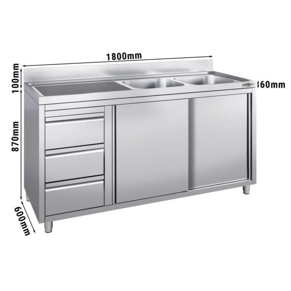 Skříňka pod umyvadlo - 1800x600mm - se 3 zásuvkami a 2 umyvadly na pravé straně