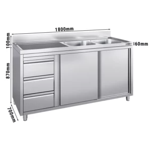 Skříňka s umyvadlem - 1800x700mm - se 3 zásuvkami a 2 umyvadly vpravo