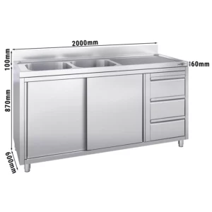 Skříňka pod umyvadlo - 2000 x 600 mm - se 3 zásuvkami a 2 umyvadly vlevo