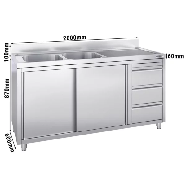 Skříňka pod umyvadlo - 2000 x 600 mm - se 3 zásuvkami a 2 umyvadly vlevo