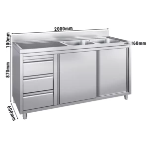 Skříňka pod umyvadlo - 2000 x 600 mm - se 3 zásuvkami a 2 umyvadly vpravo