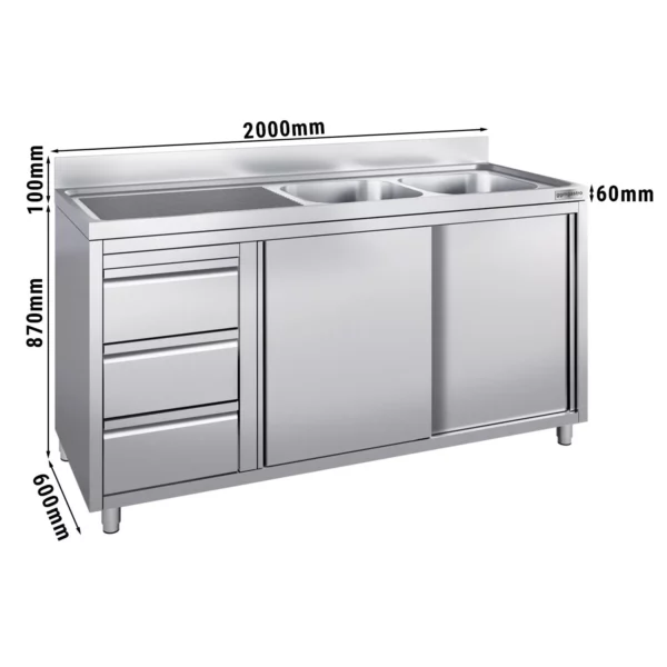 Skříňka pod umyvadlo - 2000 x 600 mm - se 3 zásuvkami a 2 umyvadly vpravo