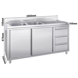 Skříňka pod umyvadlo - 2000 x 700 mm - se 3 zásuvkami a 2 umyvadly vlevo