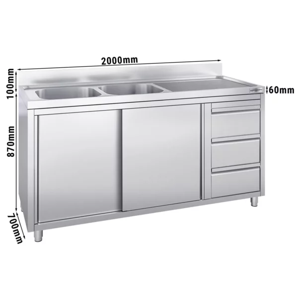 Skříňka pod umyvadlo - 2000 x 700 mm - se 3 zásuvkami a 2 umyvadly vlevo