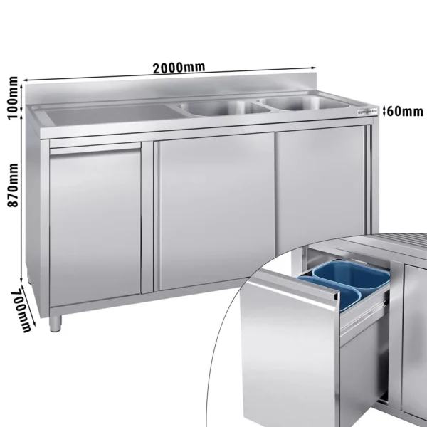 Skříňka pod umyvadlo - 2000x700mm - s nádobou na odpad a 2 umyvadly vpravo