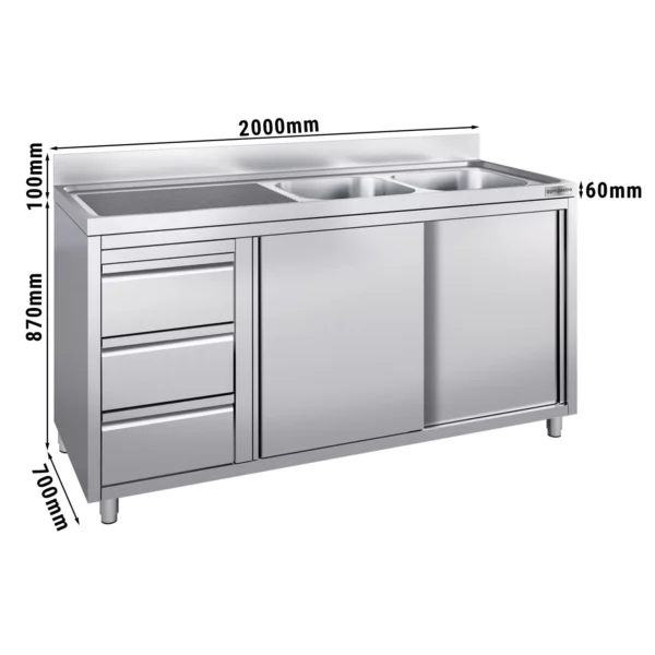 Skříňka pod umyvadlo - 2000 x 700 mm - se 3 zásuvkami a 2 umyvadly vpravo