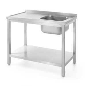 Stôl s jedným drezom a s policou – pravý, skrutkovaný, HENDI, Kitchen Line, Pravá strana, 1000x600x(H)850mm